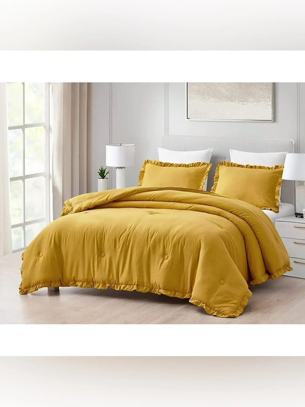 Mustard Yellow Ruffled king 3 piece Comforter Set